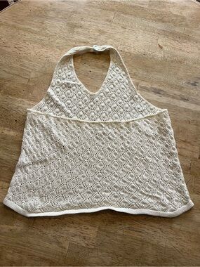 Crochet Knit Halter Top Open Back in Cream